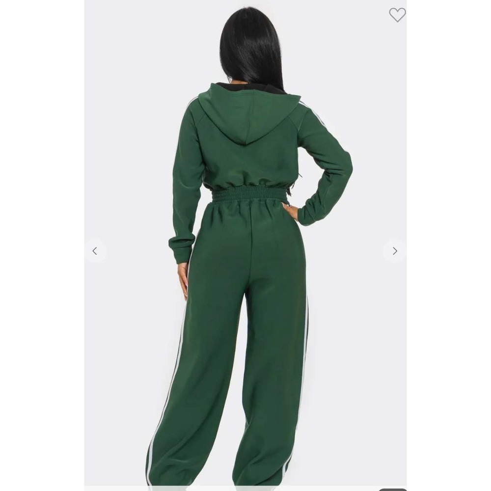 Love Sense Green Striped Hooded Jumpsuit Wide Leg Athleisure Lounge M - Picture 3 of 8